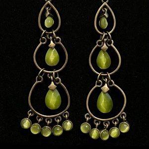 Green 3” Drop Pierced Earrings in gold setting, like new, never worn